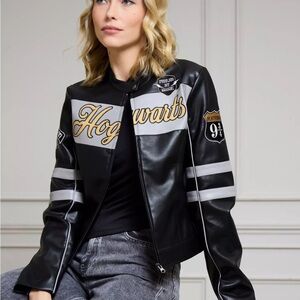 Hogwarts Black Faux Leather Biker Jacket